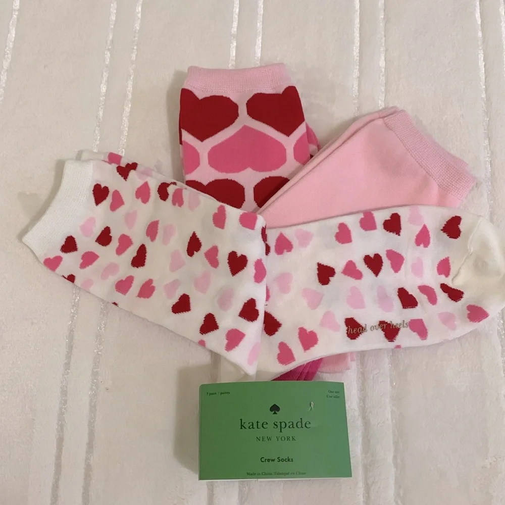 Kate Spade NY Pink Hearts Valentines Crew Socks 3 pairs One Size